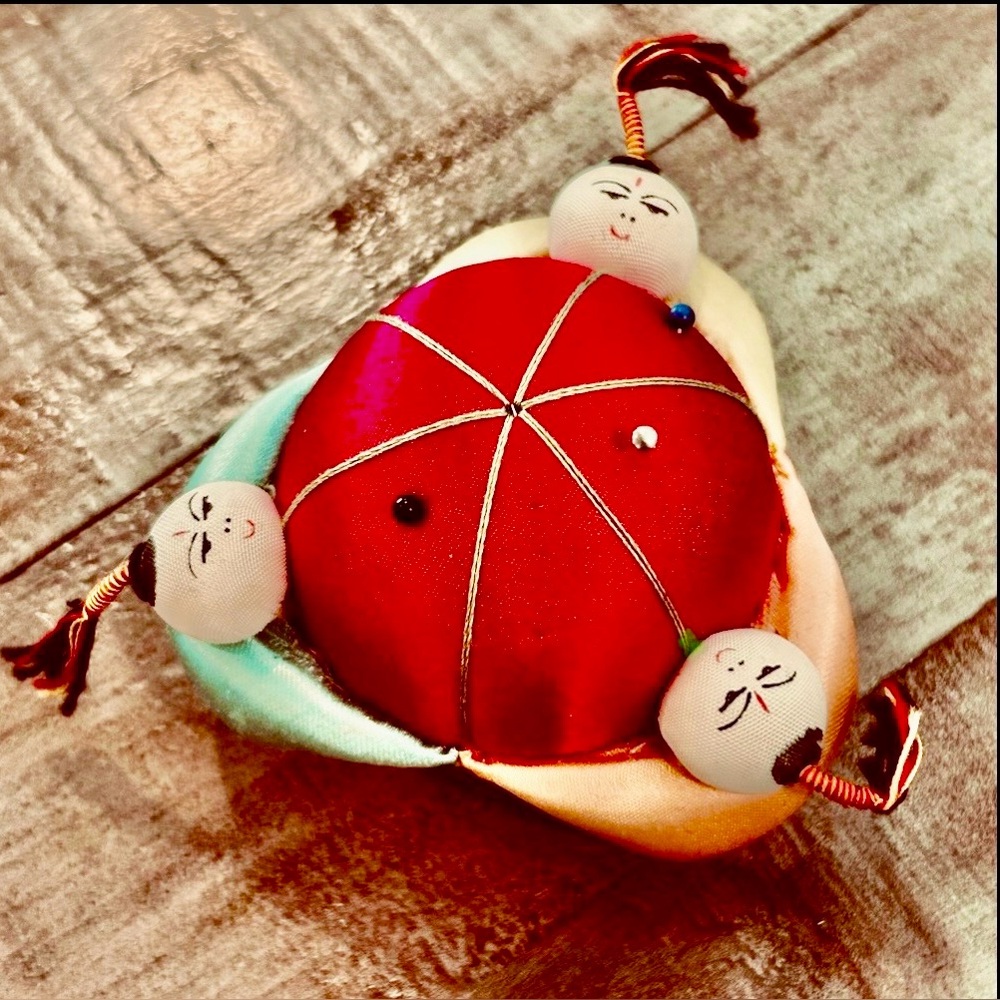 Asian Little People Silk Pin Cushion 3 Figures surround Cushion Sewing Accessory